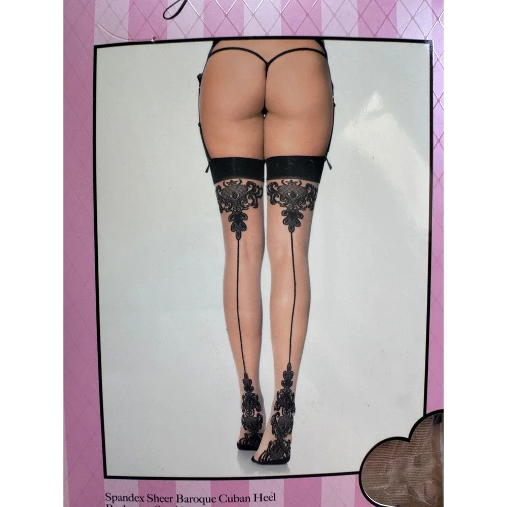 Leg Avenue 1109 Sheer Baroque Cuban Heel Backseam Stockings Nude Black O/S
